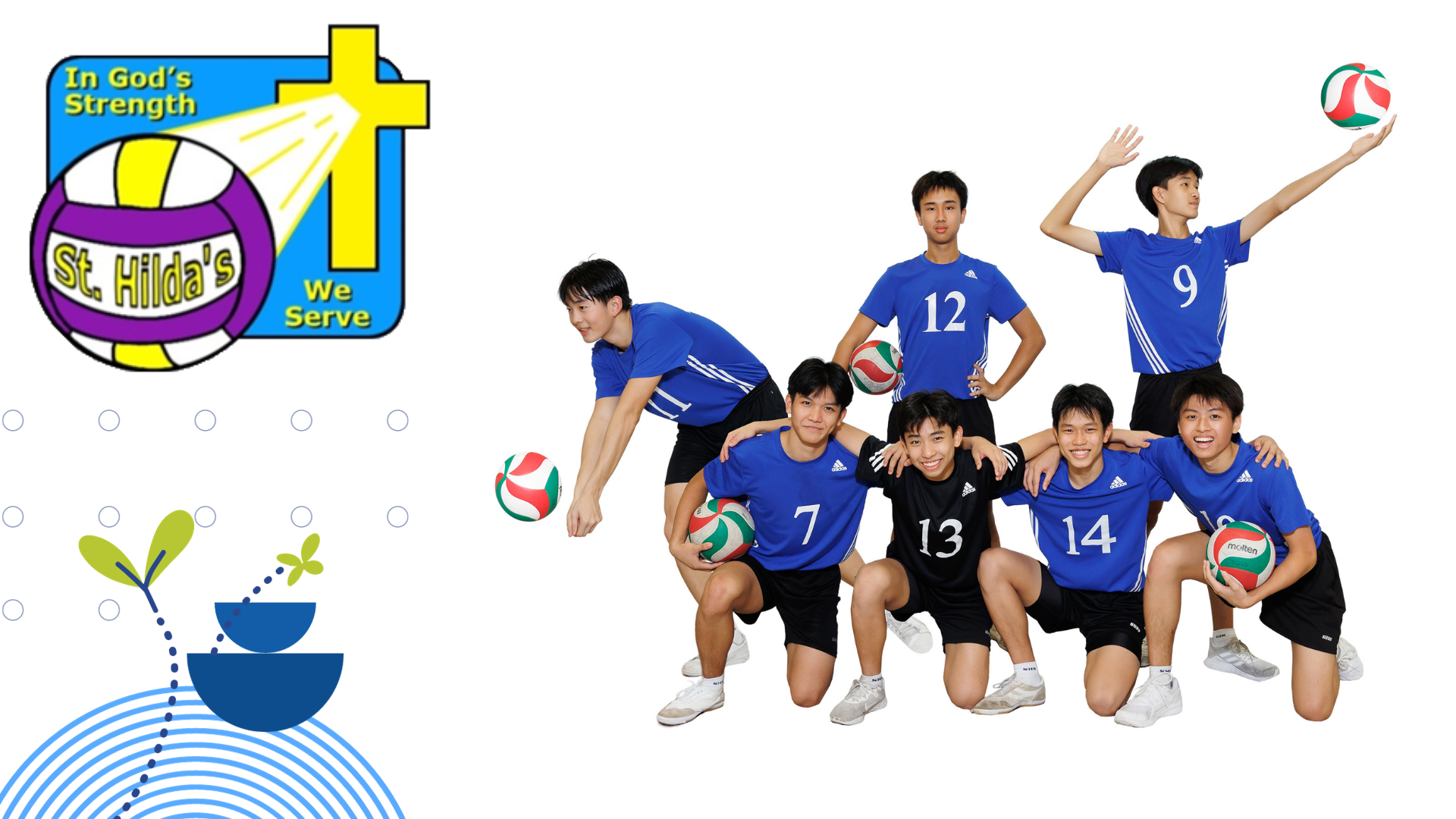 Seven young male volleyball players in blue jerseys pose with volleyballs beside a St. Hilda's school crest.